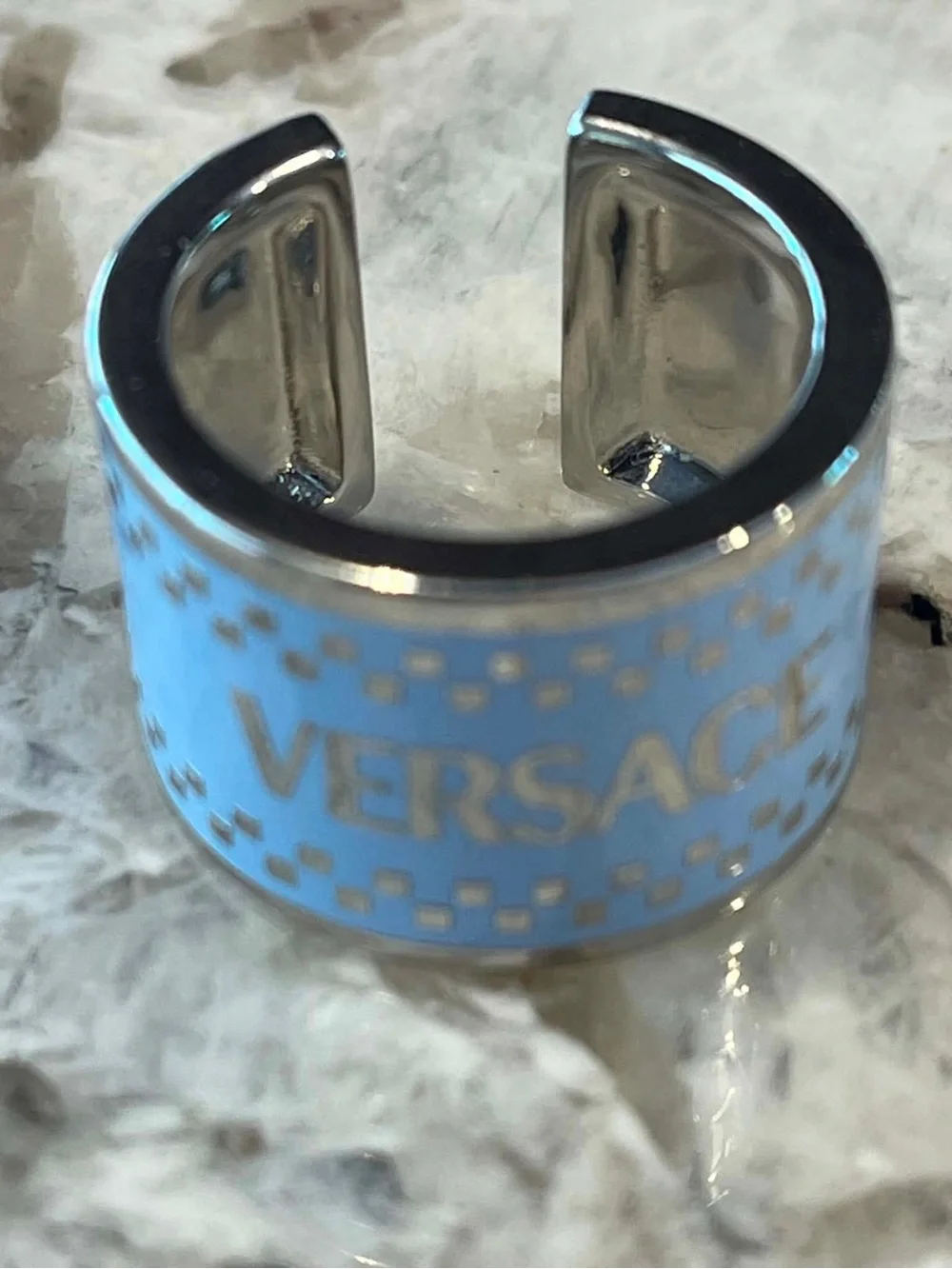Versace Men’s Silver & Light Blue Logo Ring